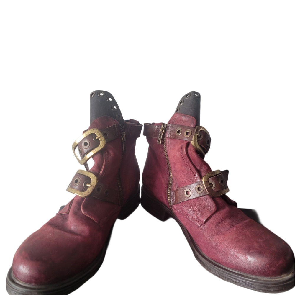 A.S. 98 Burgundy Calfskin Leather Buckle Boots, Size 27
